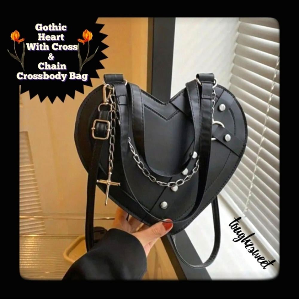 GOTHIC Y2K PUNK HEART-SHAPED CROSSBODY BAG WITH RIVET STUDS, CROSS CHAIN & STRAP